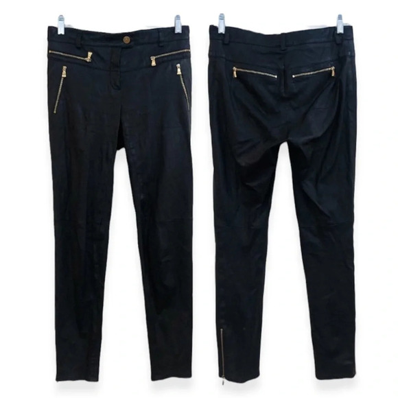 Escada Layla 100% Lamb Leather Gold Hardware Black Designer Skinny Pants ALTERED - Picture 1 of 15